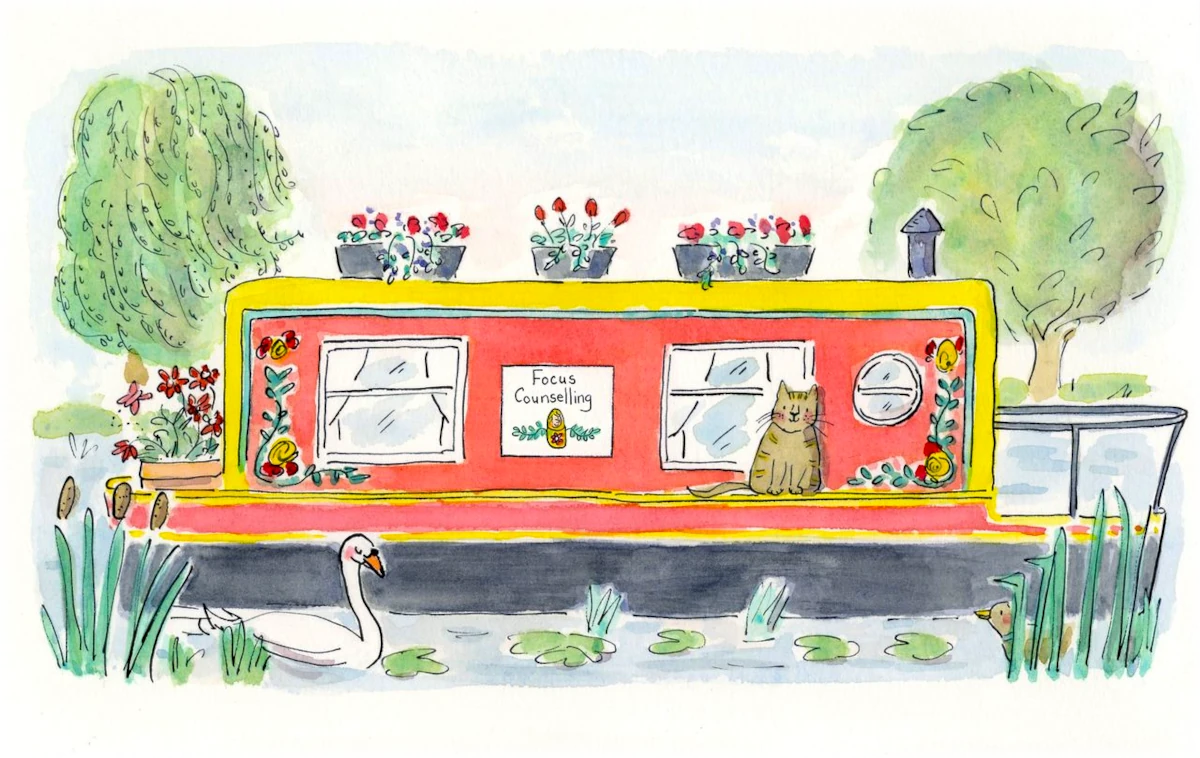 Illustration of a narrowboat, symbolising freedom, tranquility and calm